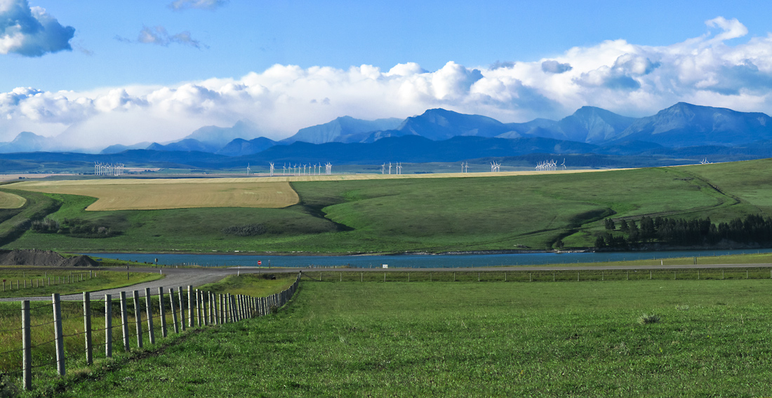 Wind turbines on the east slopes of the Rocky Mountains in SW Alberta