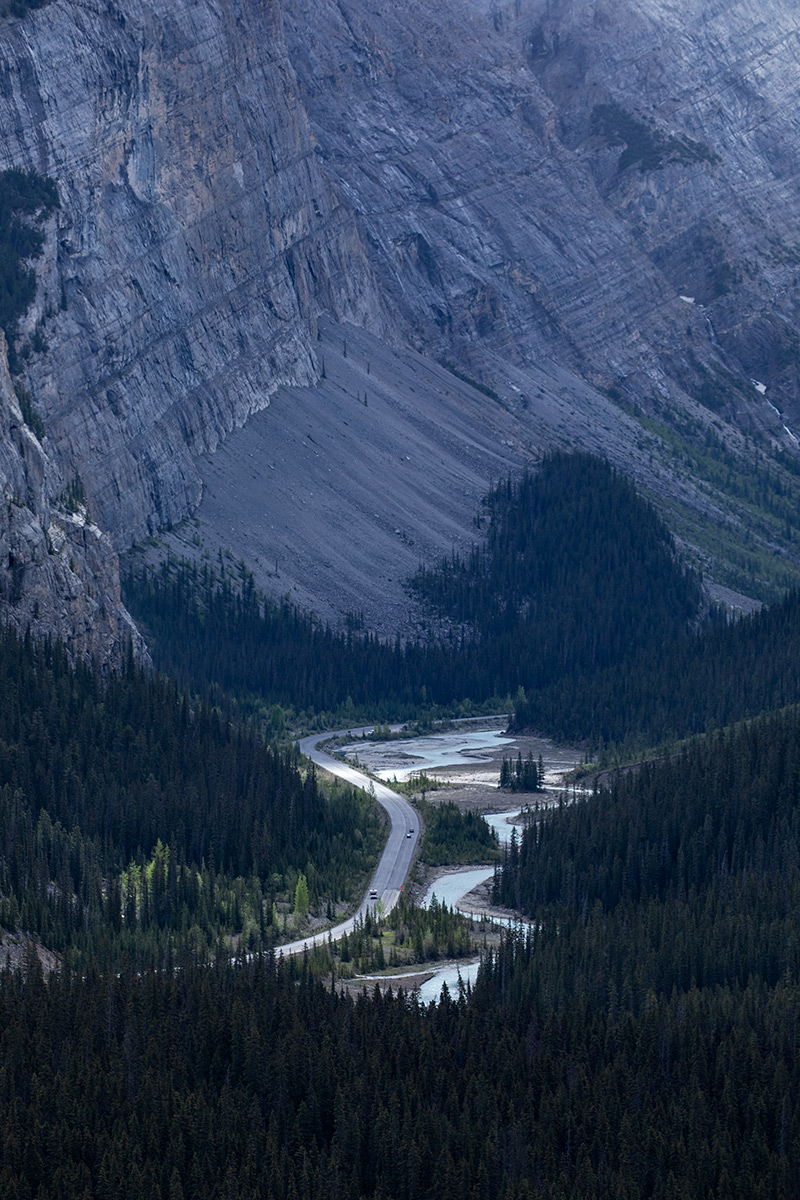 Icefields Parkway along the North Saskatchewan River.  Mt Coleman and the Weeping Wall.